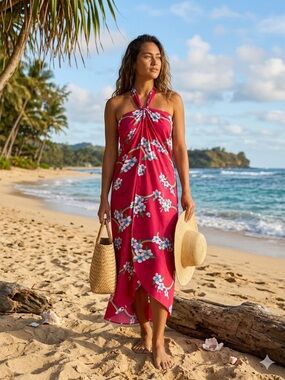 Hilo Hattie Hawaii Vintage Pink Floral Rainbow Halter Maxi Sarong wrap Dress